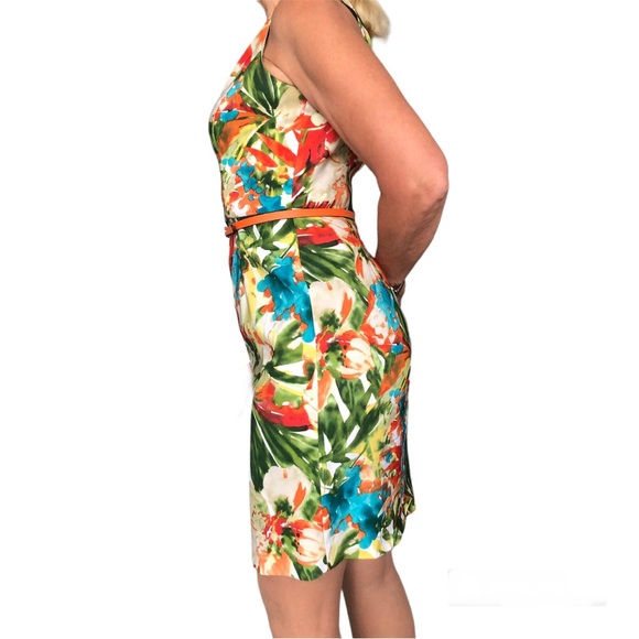 Jones & Co. Sleeveless Dress in multi colored splash print with belt size 6 - Picture 3 of 4